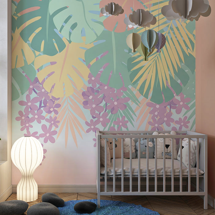 Nursery room wallpaper | Tropical leaves and pastel flowers