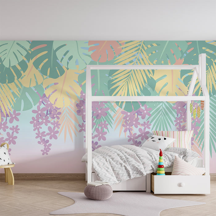 Nursery room wallpaper | Tropical leaves and pastel flowers