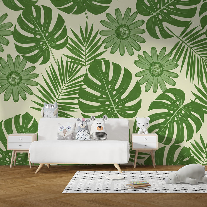 Papel de parede quarto bebê | Tropsko listje in zelene rože na svetlem ozadju