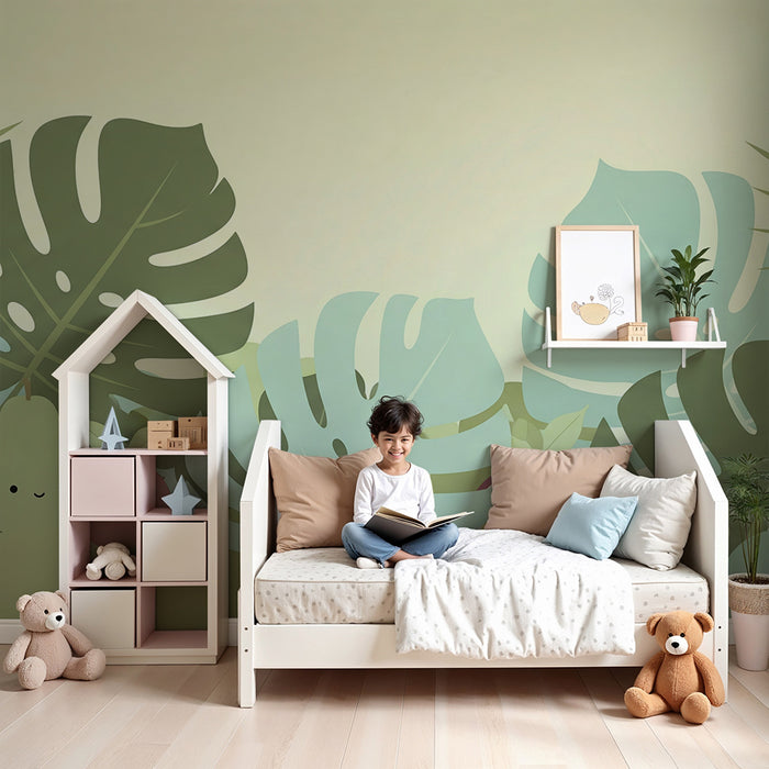 Papel de parede para quarto de bebé | Folhas tropicais e frutas sorridentes num ambiente suave