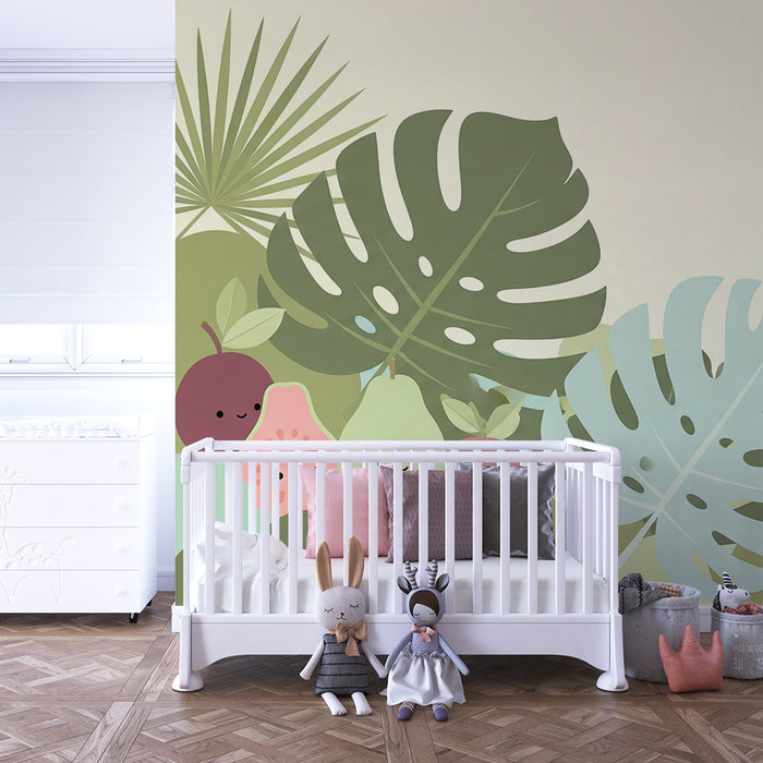 Papel de parede para quarto de bebé | Folhas tropicais e frutas sorridentes num ambiente suave