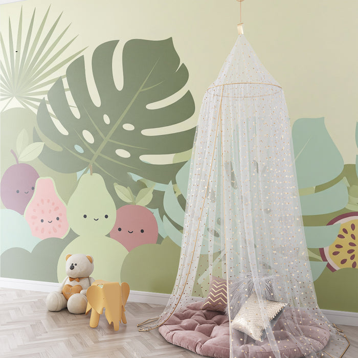 Papel de parede para quarto de bebé | Folhas tropicais e frutas sorridentes num ambiente suave