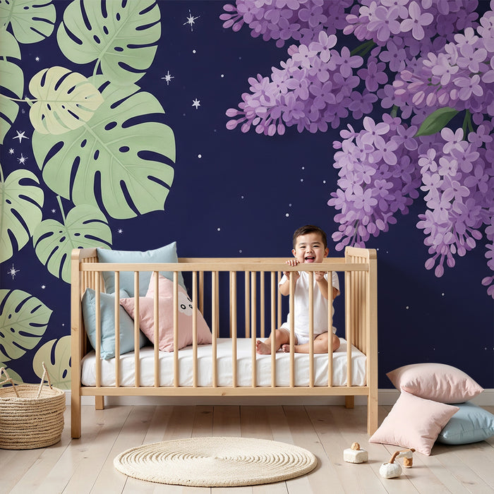 Papel de parede quarto bebê | Folhas tropicais e estrelas lilás