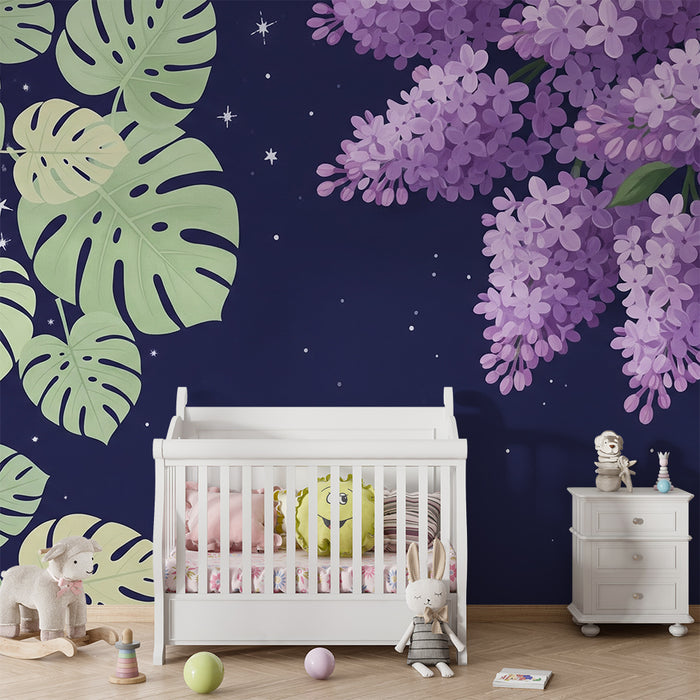 Papel de parede quarto bebê | Folhas tropicais e estrelas lilás