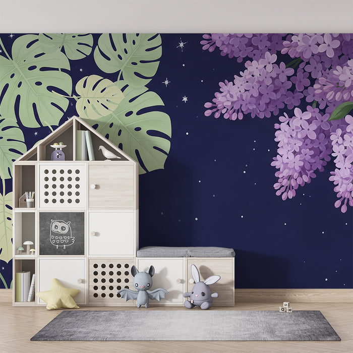 Papel de parede quarto bebê | Folhas tropicais e estrelas lilás