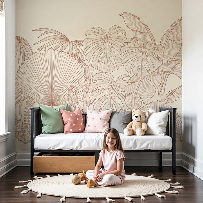 Nursery wallpaper | Tropical leaves and botanical patterns in beige linen