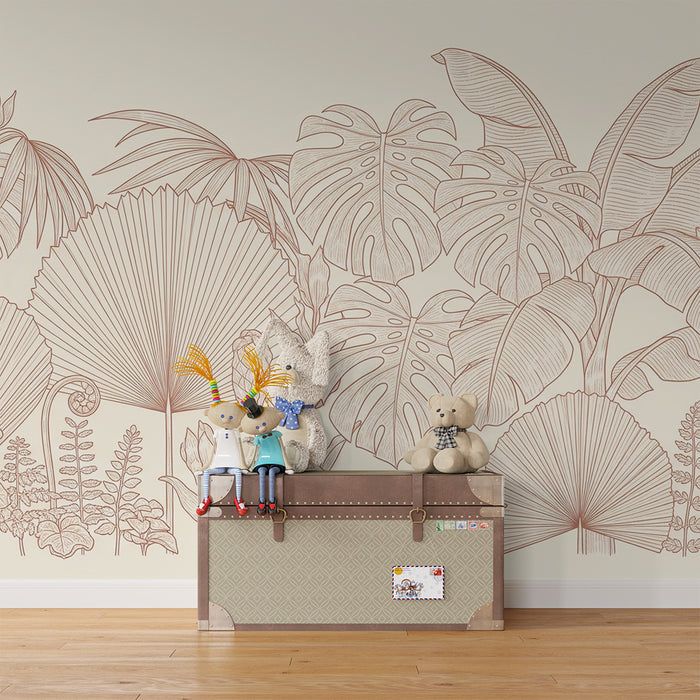 Nursery wallpaper | Tropical leaves and botanical patterns in beige linen