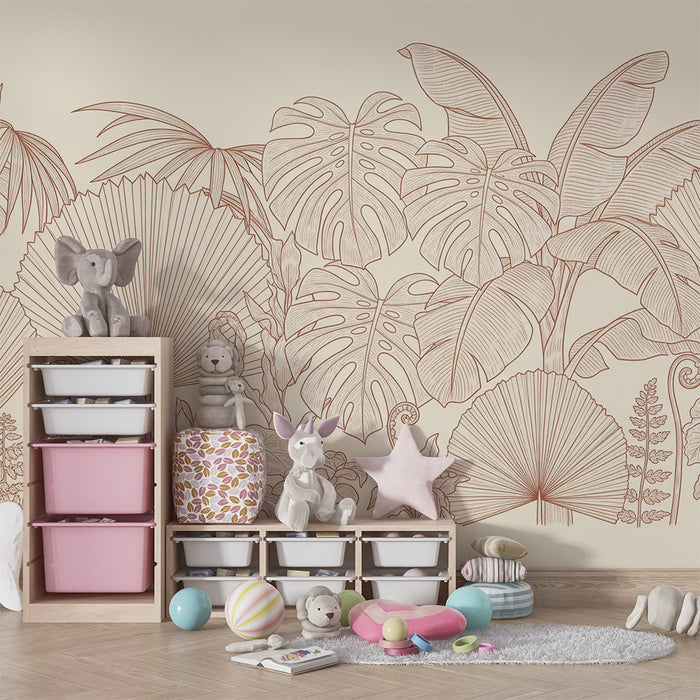 Nursery wallpaper | Tropical leaves and botanical patterns in beige linen