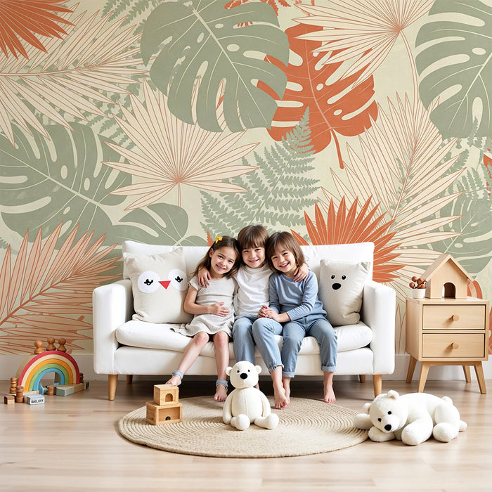 Barntapet | Tropiska löv monsteras och palmer i salvgrönt och terrakotta