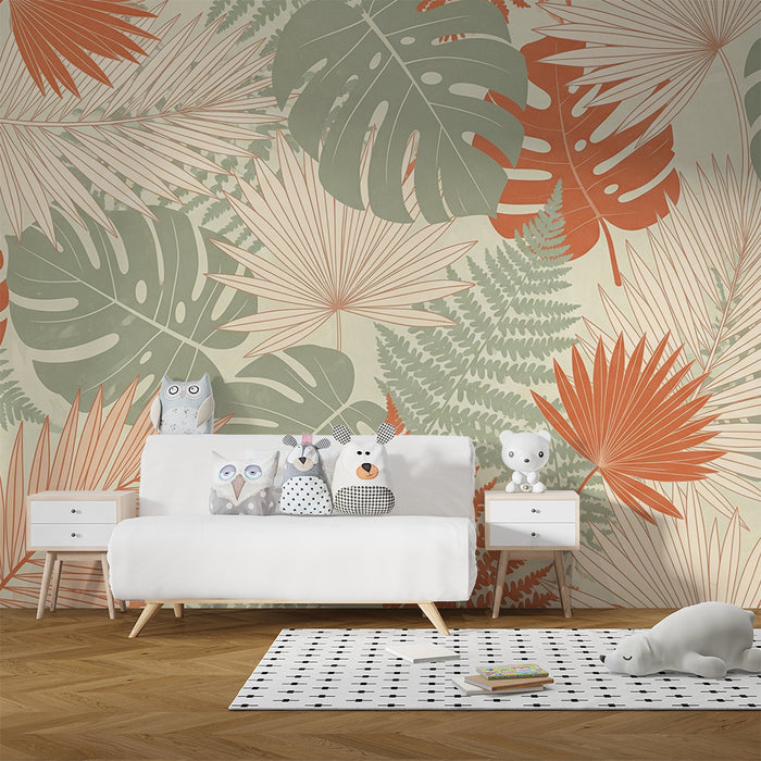 Barntapet | Tropiska löv monsteras och palmer i salvgrönt och terrakotta