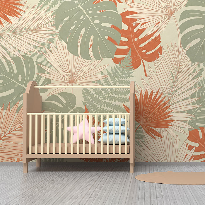 Barntapet | Tropiska löv monsteras och palmer i salvgrönt och terrakotta