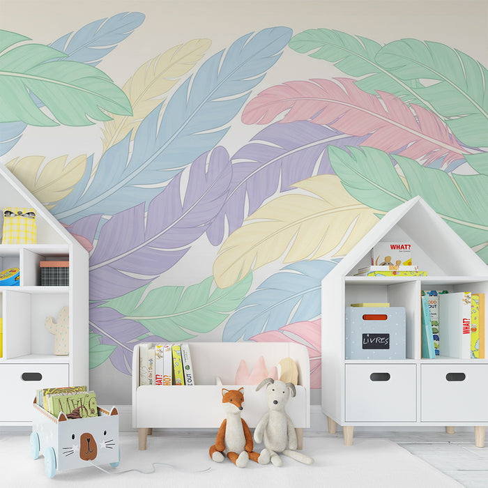 Babyzimmer Tapete | Pastellfarbene tropische Blätter auf sanftem Hintergrund