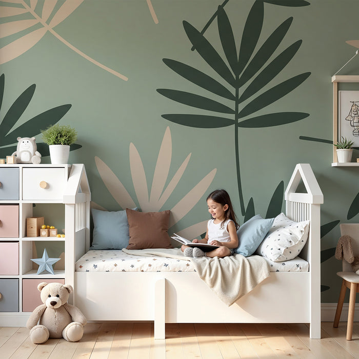 Carta da parati bambini | Foglie tropicali su sfondo morbido