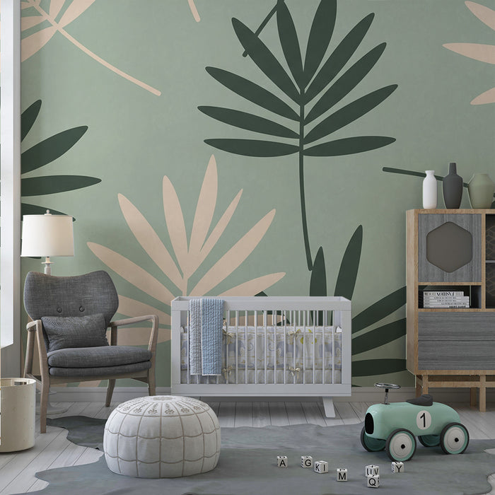 Carta da parati bambini | Foglie tropicali su sfondo morbido