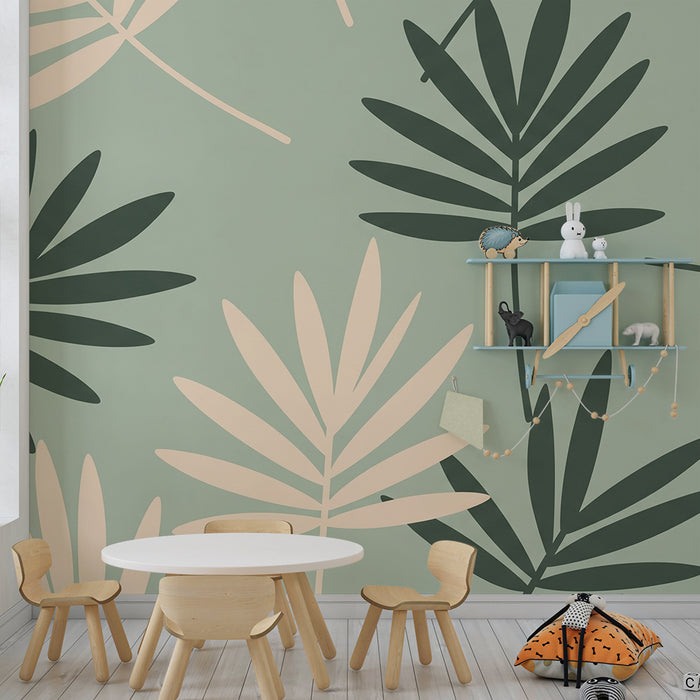 Carta da parati bambini | Foglie tropicali su sfondo morbido