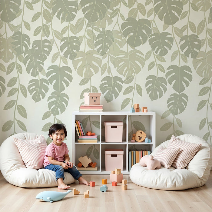 Papier peint chambre bébé | Feuilles tropicales tombantes et monsteras