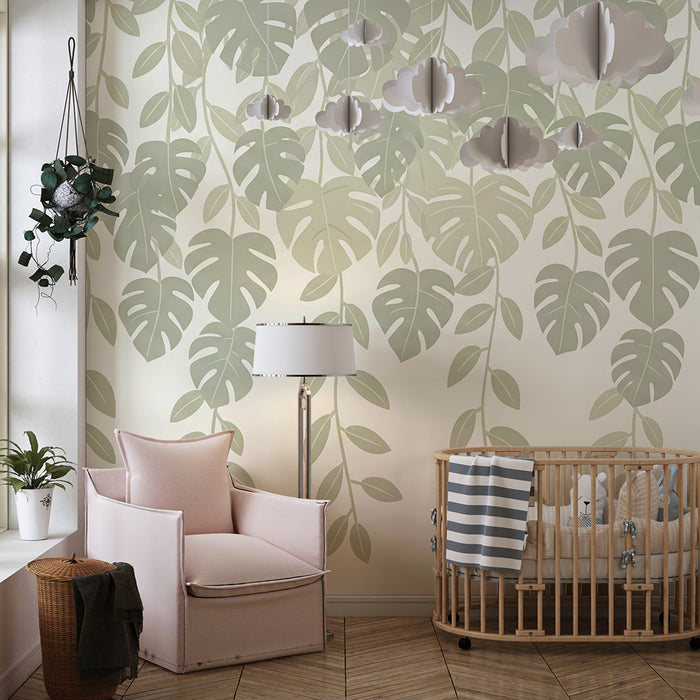 Papier peint chambre bébé | Feuilles tropicales tombantes et monsteras