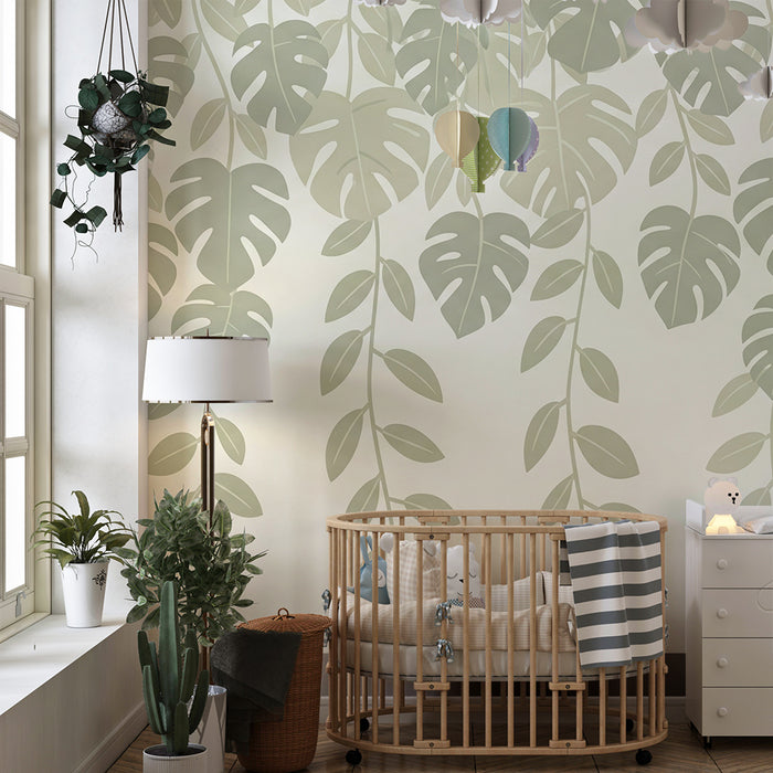 Papier peint chambre bébé | Feuilles tropicales tombantes et monsteras