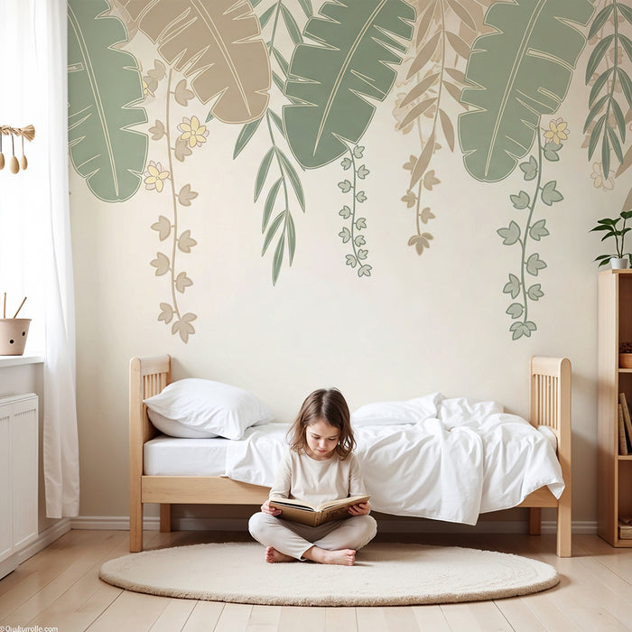 Papier peint chambre bébé | Feuilles tropicales tombantes fond beige