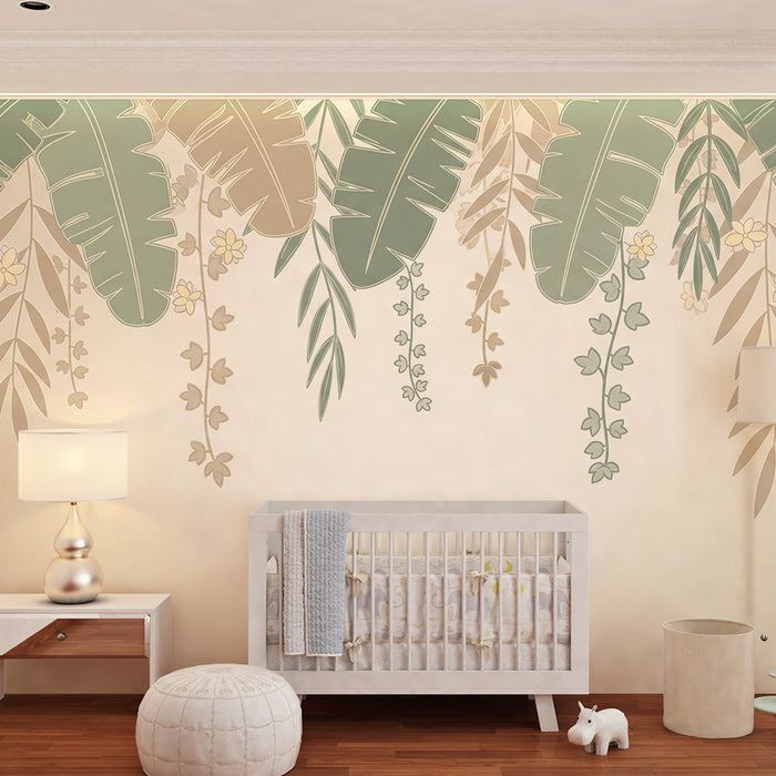 Papier peint chambre bébé | Feuilles tropicales tombantes fond beige
