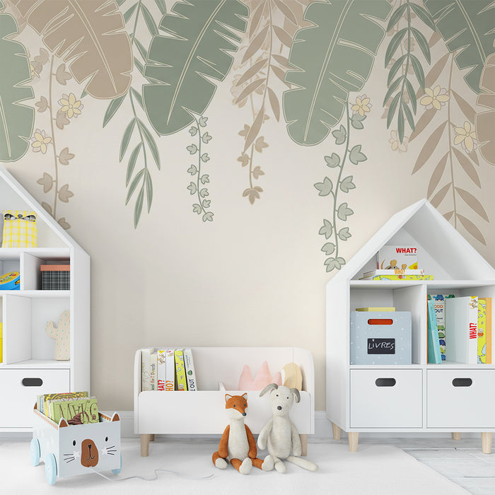 Papier peint chambre bébé | Feuilles tropicales tombantes fond beige