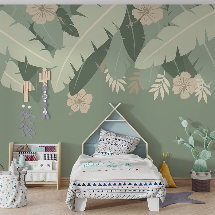 Papel de perete camera bebeluși | Frunze tropicale de culoare verde salcie