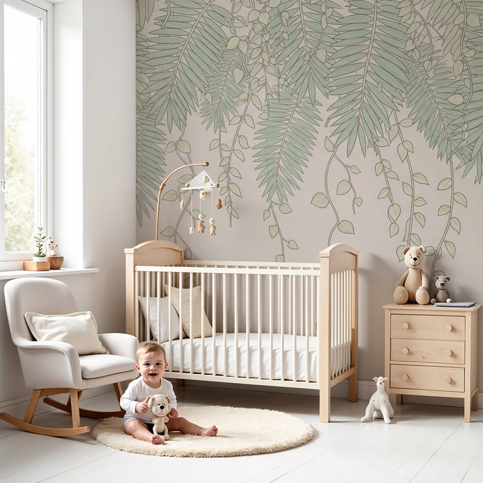 Nursery room wallpaper | Delicate green tropical leaves