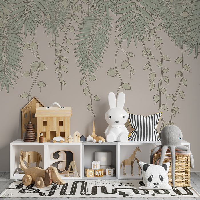 Nursery room wallpaper | Delicate green tropical leaves