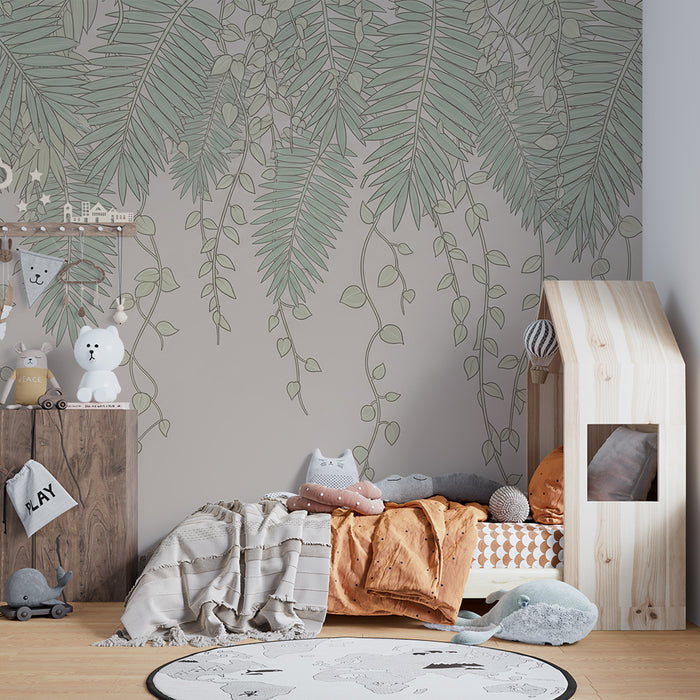 Nursery room wallpaper | Delicate green tropical leaves