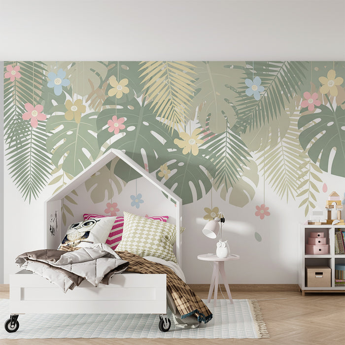 Børneværelse tapet | Grønne tropiske blade og delikate blomster