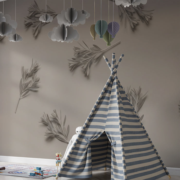 Papel pintado infantil | Finas ramas de plantas grises sobre fondo suave