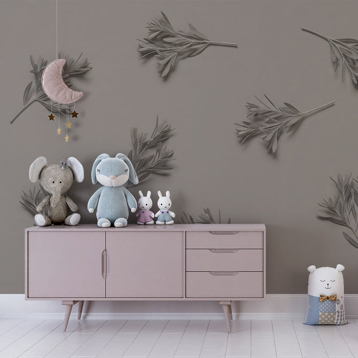 Papel pintado infantil | Finas ramas de plantas grises sobre fondo suave