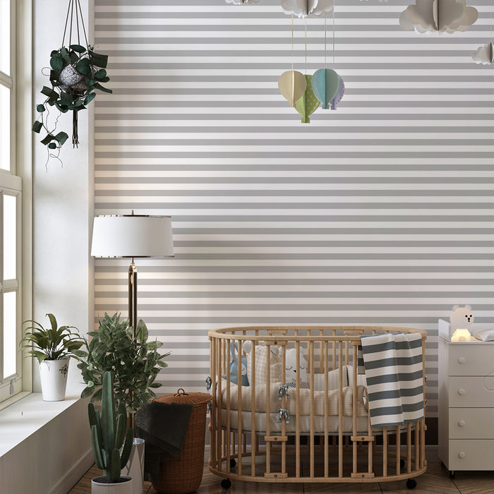 Nursery room wallpaper | Fine horizontal grey stripes