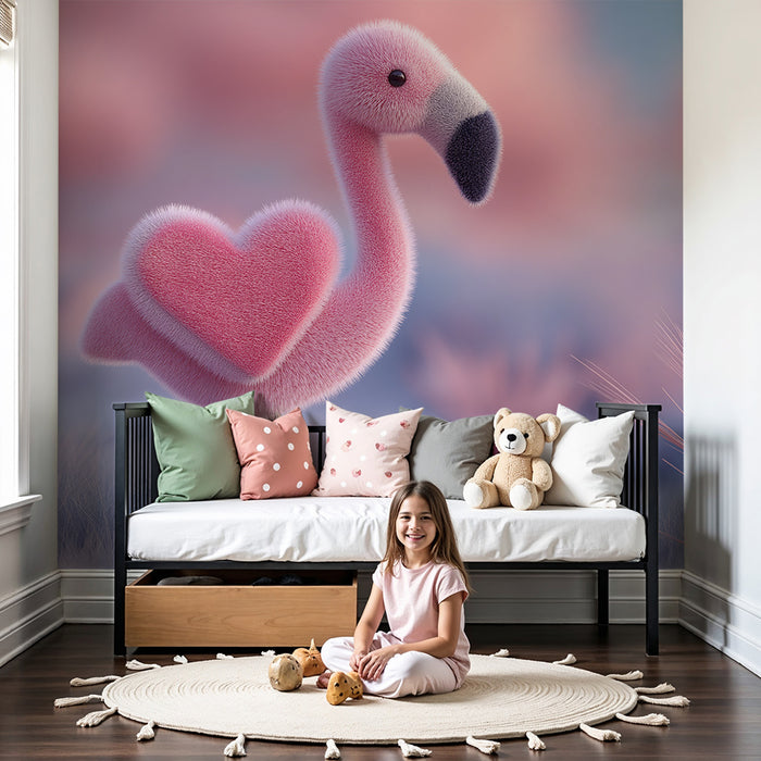Lastenhuoneen tapetti | Söpö vaaleanpunainen flamingo pehmoleijonasydämellä