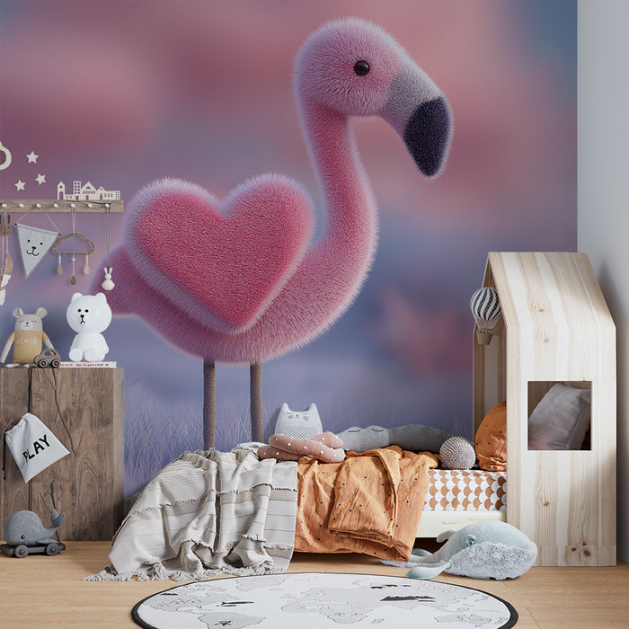 Lastenhuoneen tapetti | Söpö vaaleanpunainen flamingo pehmoleijonasydämellä