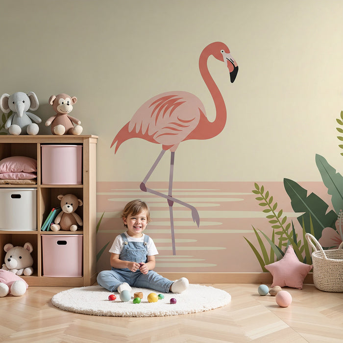 Tapet pentru camera copilului | Flamingo roz la apă înconjurat de flori tropicale