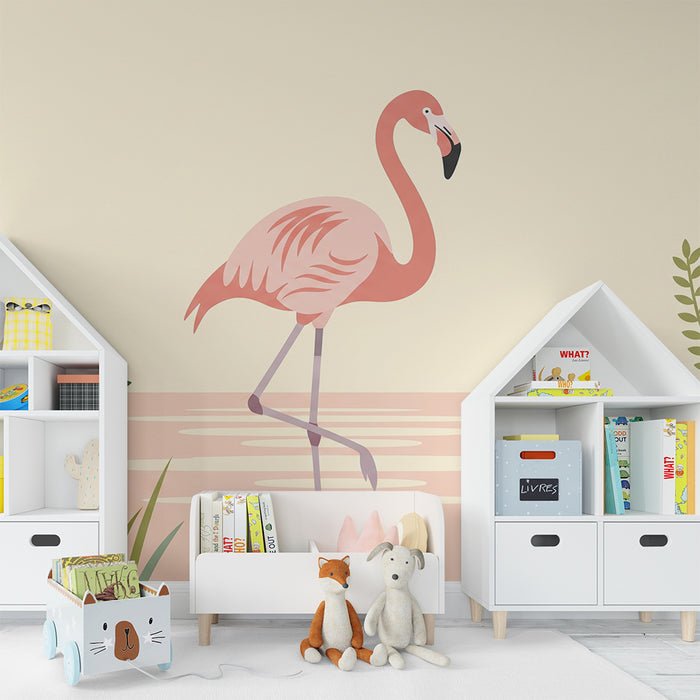 Tapet pentru camera copilului | Flamingo roz la apă înconjurat de flori tropicale