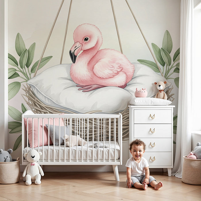 Papier peint chambre bébé | Flamant rose dans son nid douillet
