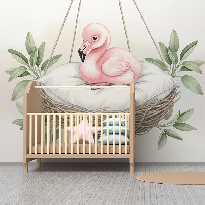 Papier peint chambre bébé | Flamant rose dans son nid douillet