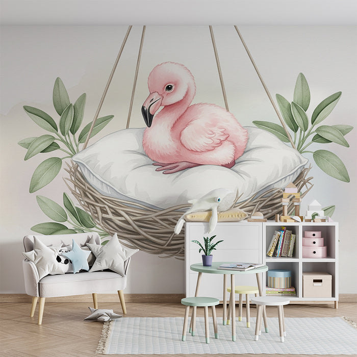 Papier peint chambre bébé | Flamant rose dans son nid douillet