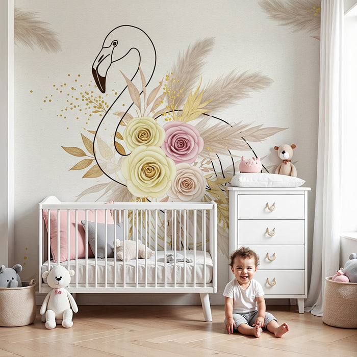 Lastenhuoneen tapetti | Elegantti vaaleanpunainen flamingo kukilla ja kultaisilla lehdillä