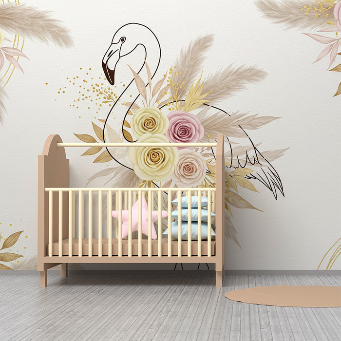 Lastenhuoneen tapetti | Elegantti vaaleanpunainen flamingo kukilla ja kultaisilla lehdillä