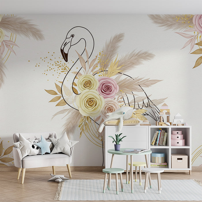 Lastenhuoneen tapetti | Elegantti vaaleanpunainen flamingo kukilla ja kultaisilla lehdillä