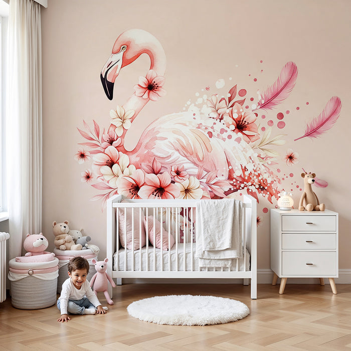 Papier peint chambre bébé | Flamant rose élégant entouré de fleurs délicates