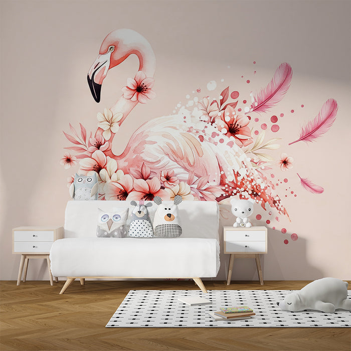 Papier peint chambre bébé | Flamant rose élégant entouré de fleurs délicates