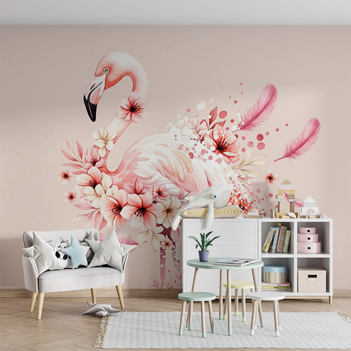 Papier peint chambre bébé | Flamant rose élégant entouré de fleurs délicates
