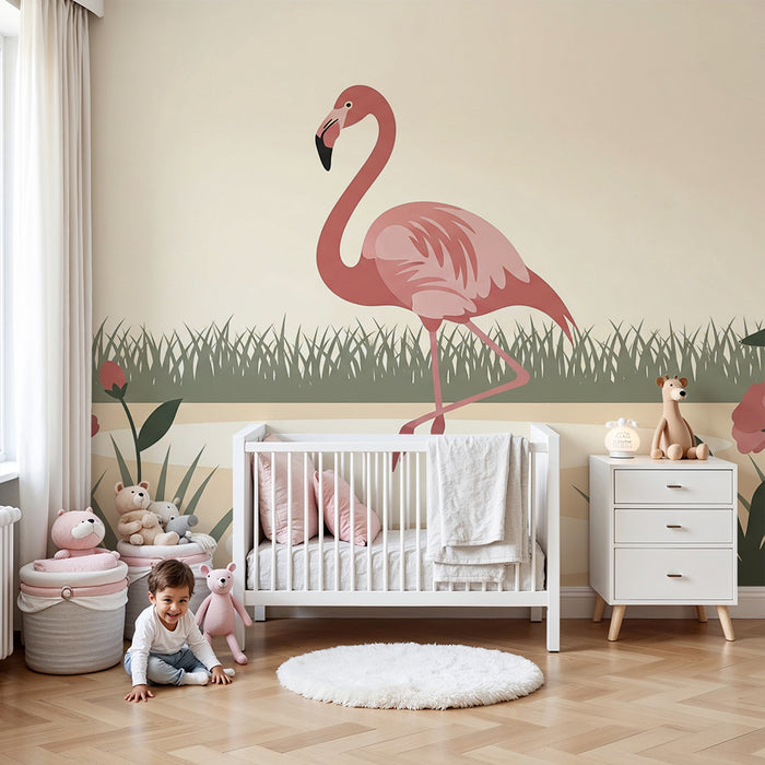 Tapete za dječju sobu | Elegantni plamenac okružen nježnim božurima