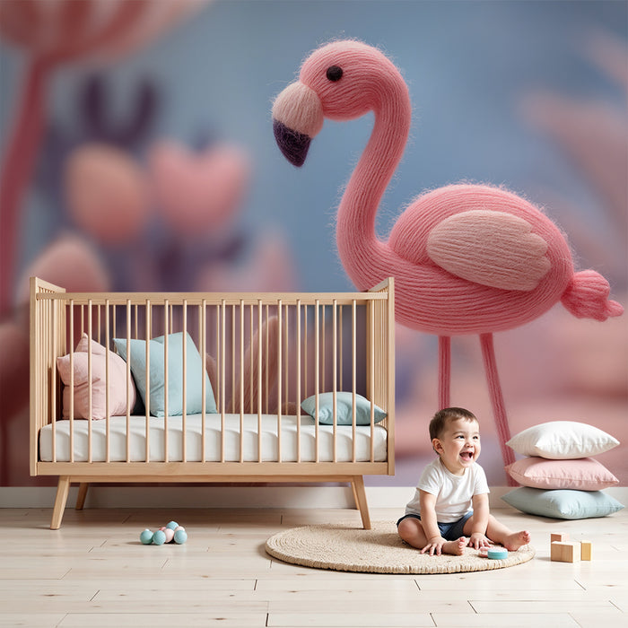 Papier peint chambre bébé | Flamant rose en laine dans un jardin pastel
