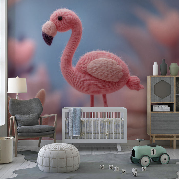 Papier peint chambre bébé | Flamant rose en laine dans un jardin pastel