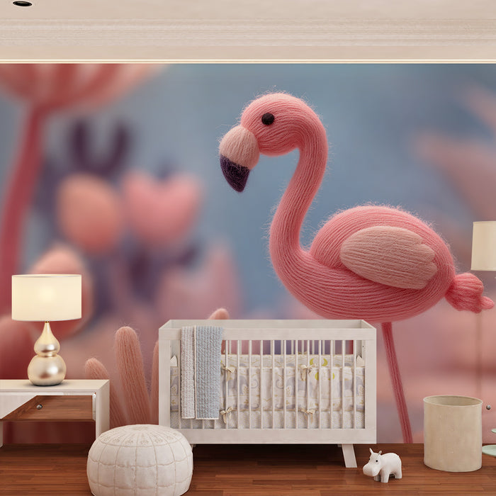 Papier peint chambre bébé | Flamant rose en laine dans un jardin pastel